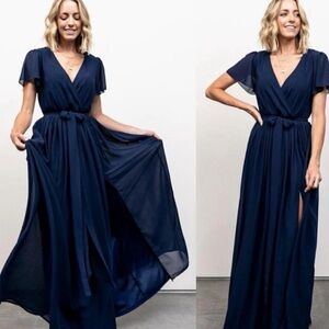 Baltic Born Kristina Maxi Dress Sz XXL Navy Blue Flutter Sleeve Surplice Slit